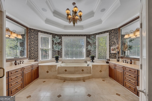 full bathroom with crown molding, an inviting chandelier, and plenty of natural light