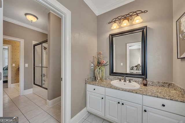bathroom with vanity, ornamental molding, tile patterned flooring, ensuite bath, and bath / shower combo with glass door