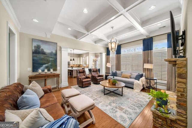 2358 New Salem Trce, Marietta, GA 30064 - living area featuring wood finished floors, coffered ceiling, a chandelier, beam ceiling, and ornamental molding