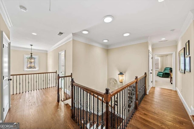 2358 New Salem Trce, Marietta, GA 30064 - hallway featuring an upstairs landing, wood finished floors, a chandelier, recessed lighting, and baseboards
