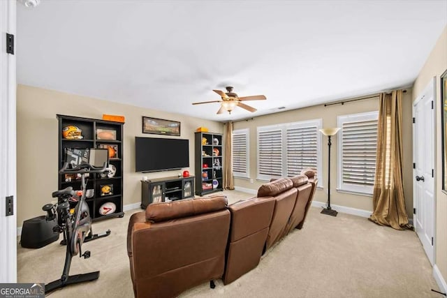 2358 New Salem Trce, Marietta, GA 30064 - living room featuring ceiling fan, light colored carpet, and baseboards