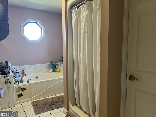 full bath with tile patterned flooring, a garden tub, and curtained shower
