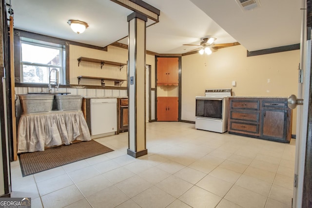 724 Ga Highway 120, Tallapoosa, GA 30176 - kitchen with white dishwasher, stove, ceiling fan, and open shelves