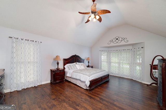 bedroom with lofted ceiling, wood finished floors, access to exterior, baseboards, and ceiling fan