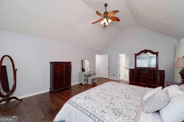 bedroom with a ceiling fan, arched walkways, vaulted ceiling, wood finished floors, and baseboards