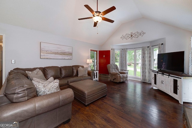 living room featuring high vaulted ceiling, ceiling fan, and wood finished floors
