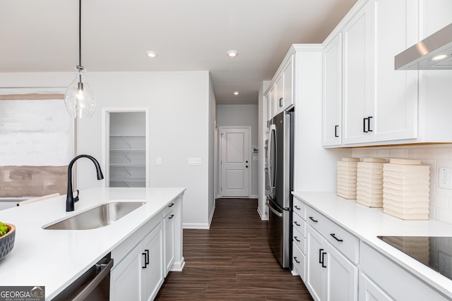 kitchen featuring white cabinets, ventilation hood, a sink, light countertops, and appliances with stainless steel finishes