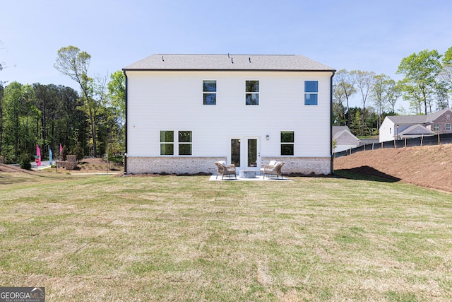 back of house featuring french doors, a lawn, a patio, and fence
