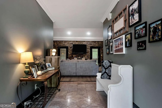 1055 River Bluff Dr, Winder, GA 30680 - hall with marble finish floor and ornamental molding