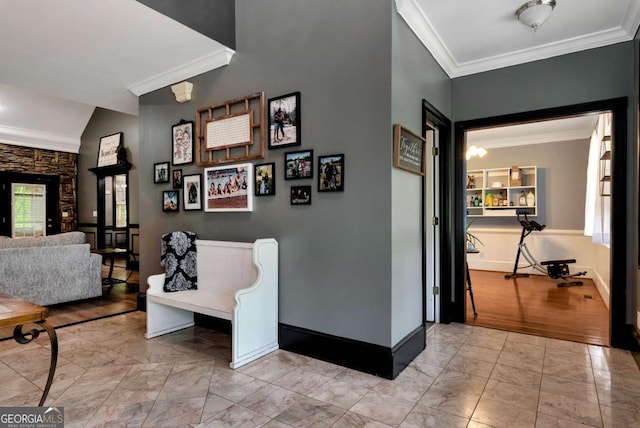 1055 River Bluff Dr, Winder, GA 30680 - corridor featuring ornamental molding, baseboards, and marble finish floor