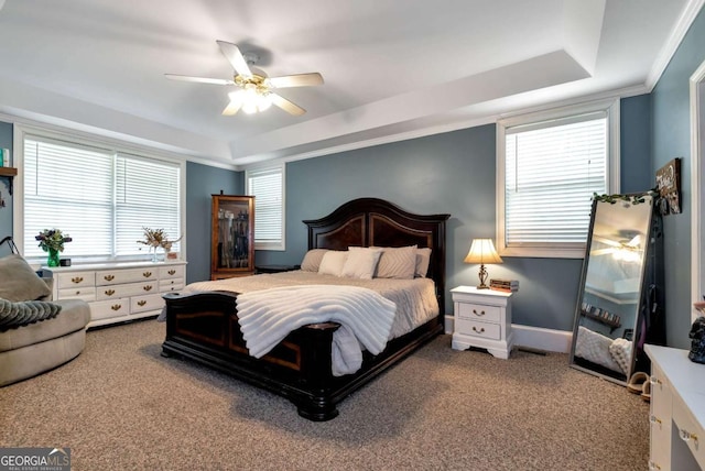 1055 River Bluff Dr, Winder, GA 30680 - carpeted bedroom with a raised ceiling, a ceiling fan, multiple windows, and baseboards