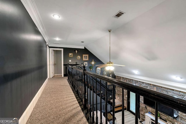 1055 River Bluff Dr, Winder, GA 30680 - corridor featuring baseboards, recessed lighting, an upstairs landing, crown molding, and visible vents