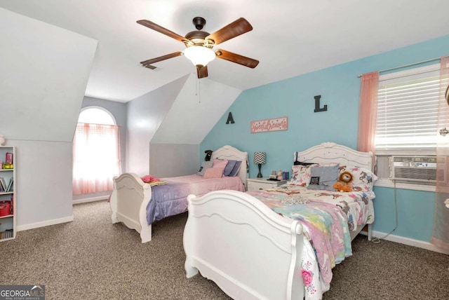 1055 River Bluff Dr, Winder, GA 30680 - carpeted bedroom with ceiling fan, cooling unit, baseboards, and lofted ceiling