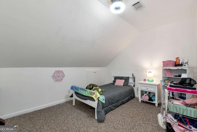 1055 River Bluff Dr, Winder, GA 30680 - bedroom featuring visible vents, baseboards, carpet, and lofted ceiling