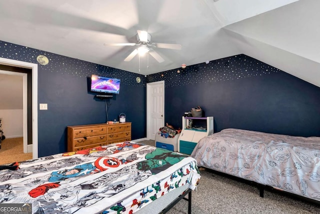 1055 River Bluff Dr, Winder, GA 30680 - bedroom with carpet, ceiling fan, and lofted ceiling