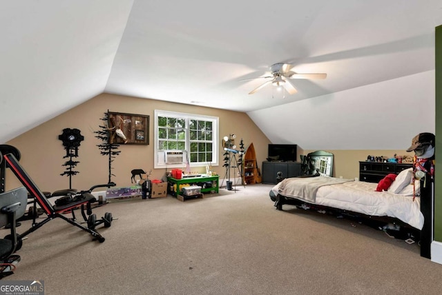 1055 River Bluff Dr, Winder, GA 30680 - bedroom with a ceiling fan, cooling unit, vaulted ceiling, and carpet