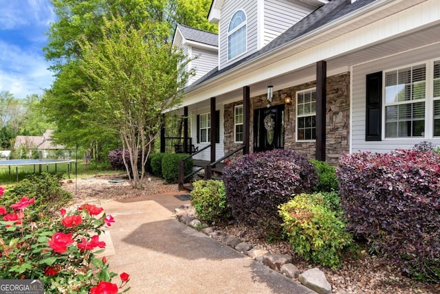 1055 River Bluff Dr, Winder, GA 30680 - doorway to property with roof with shingles, a porch, and stone siding