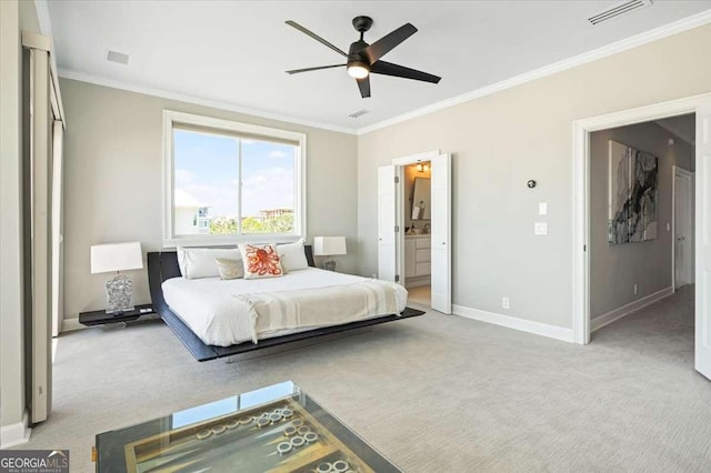 bedroom featuring crown molding, visible vents, and carpet