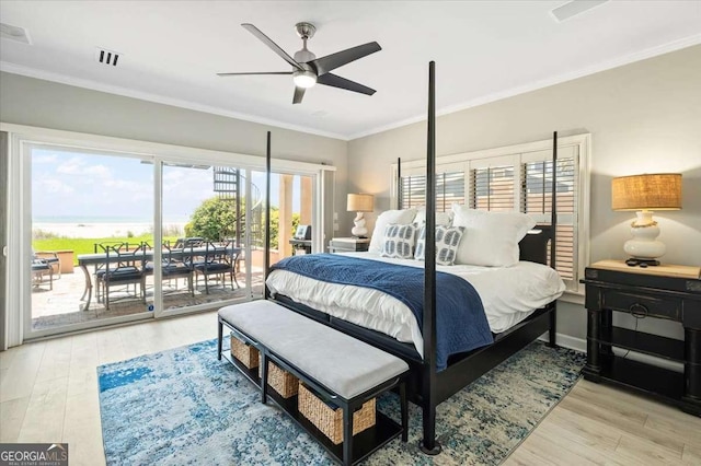 bedroom with visible vents, a ceiling fan, crown molding, light wood finished floors, and access to exterior