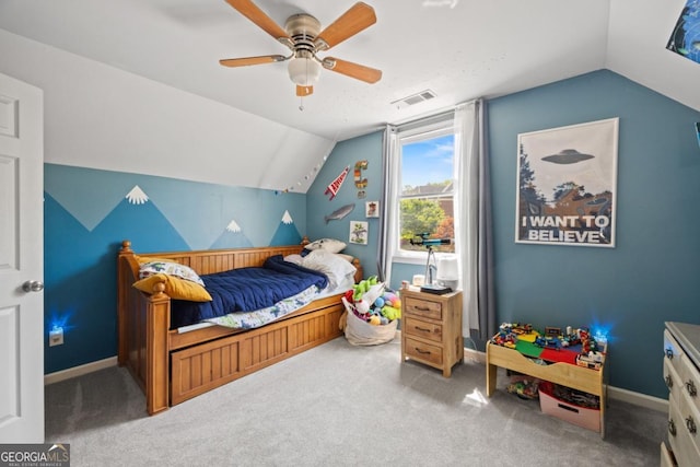 4016 Upland Trce, Marietta, GA 30066 - carpeted bedroom with visible vents, ceiling fan, vaulted ceiling, and baseboards