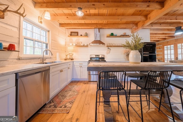 kitchen featuring wall chimney range hood, wood ceiling, open shelves, and stainless steel appliances