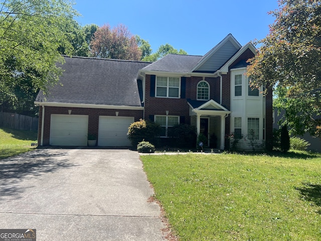 345 S Magnolia Walk SE, Atlanta, GA 30349 - colonial-style house with concrete driveway, fence, brick siding, an attached garage, and a front yard