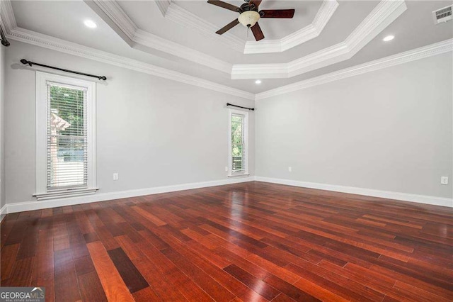 spare room with dark wood finished floors, a wealth of natural light, a ceiling fan, and a raised ceiling