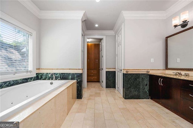 full bath with recessed lighting, a whirlpool tub, a wainscoted wall, and crown molding
