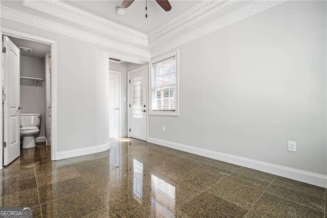 unfurnished bedroom with baseboards, crown molding, and granite finish floor
