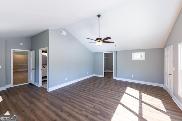 710 Avalon Rd, Thomaston, GA 30286 - unfurnished living room with vaulted ceiling, ceiling fan, dark wood finished floors, and baseboards