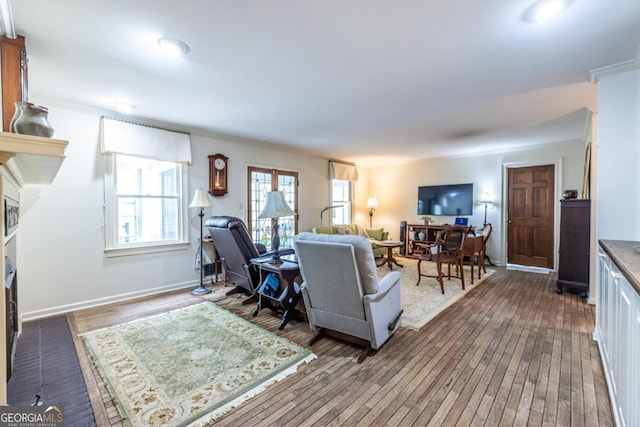 living room featuring ornamental molding and dark wood-type flooring
