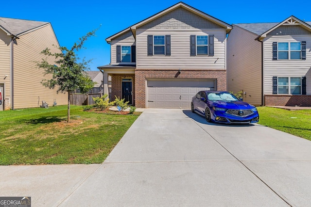 view of front of home featuring brick siding, a front lawn, a garage, and concrete driveway