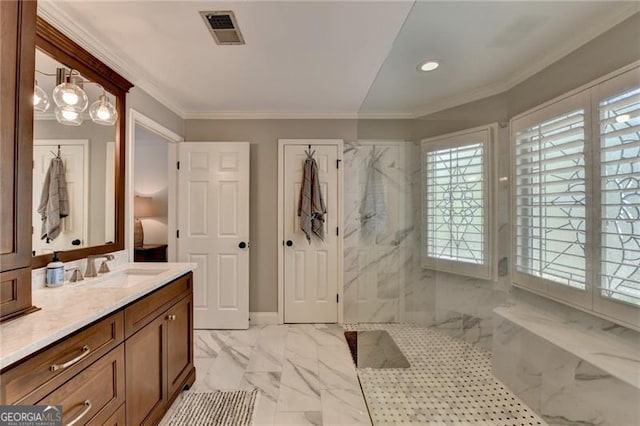 bathroom featuring a marble finish shower, visible vents, recessed lighting, marble finish floor, and vanity