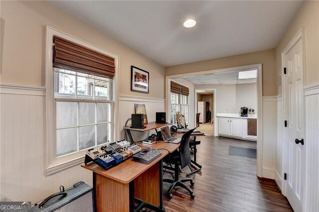 office area featuring dark wood-type flooring, plenty of natural light, and a wainscoted wall