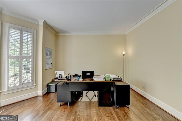 office featuring baseboards, ornamental molding, and wood finished floors