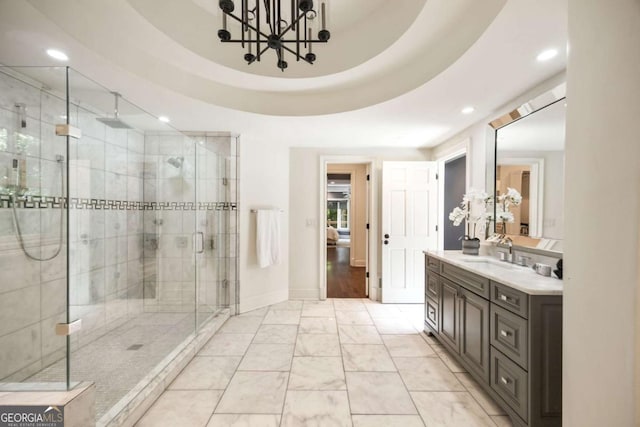 3511 Roxboro Rd NE, Atlanta, GA 30326 - full bathroom with recessed lighting, a notable chandelier, marble finish floor, a shower stall, and vanity