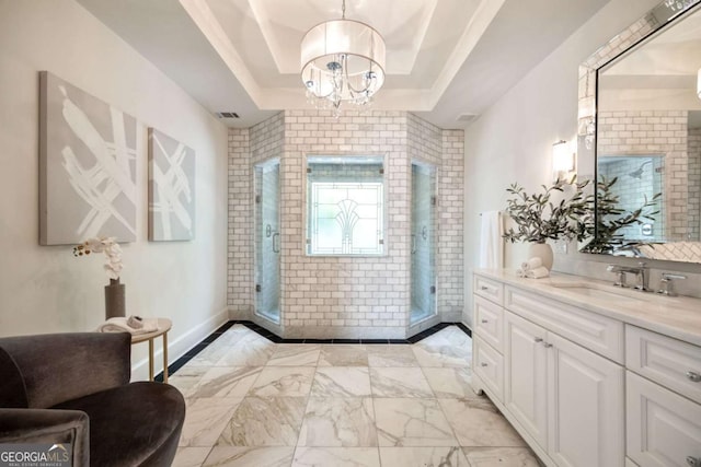 3511 Roxboro Rd NE, Atlanta, GA 30326 - doorway featuring a tray ceiling, a sink, visible vents, an inviting chandelier, and marble finish floor