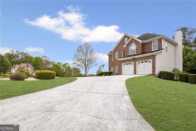 1268 Windsor Glen Dr, Douglasville, GA 30134 - view of front of property with a chimney, driveway, a front yard, and brick siding