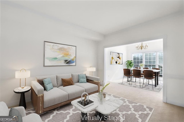 1268 Windsor Glen Dr, Douglasville, GA 30134 - living area featuring baseboards, carpet floors, and a chandelier
