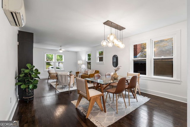 830 Belgrade Ave NE, Atlanta, GA 30306 - dining area with a ceiling fan, baseboards, dark wood-type flooring, and a wall mounted air conditioner