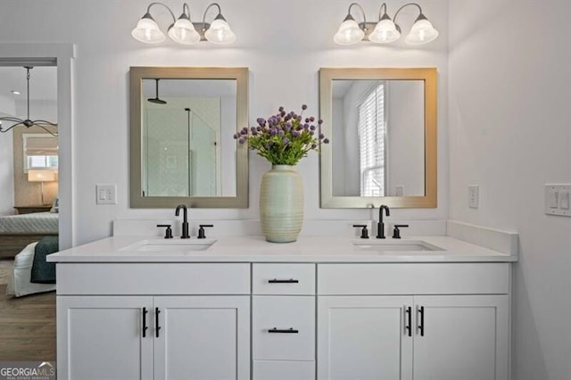 bathroom featuring connected bathroom, wood finished floors, a sink, and double vanity
