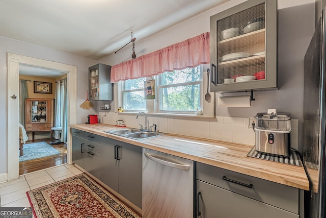 kitchen with butcher block counters, stainless steel dishwasher, and gray cabinetry