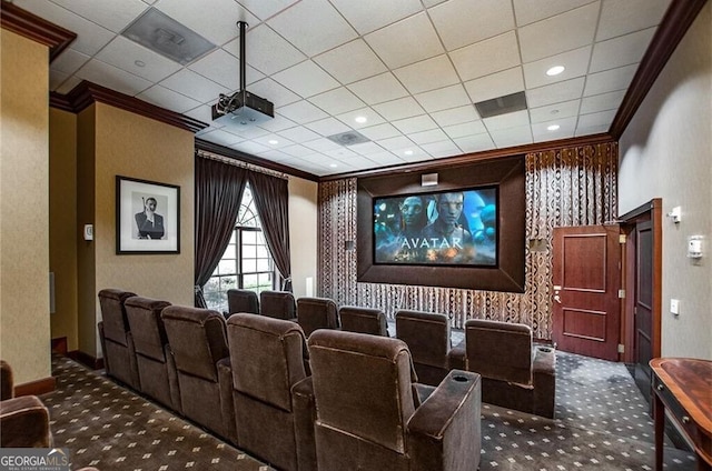 195 14th St Unit 1403, Atlanta, GA 30309 - home theater room featuring carpet flooring, ornamental molding, and a drop ceiling