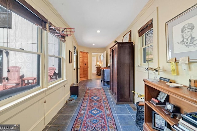 937 Fern Dr, Morganton, GA 30560 - corridor featuring dark tile patterned flooring, baseboards, and recessed lighting