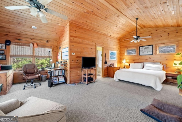 937 Fern Dr, Morganton, GA 30560 - carpeted bedroom with vaulted ceiling, wooden walls, and wooden ceiling