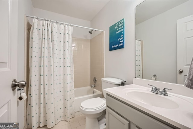 full bath with vanity, shower / tub combo with curtain, tile patterned flooring, and toilet