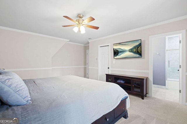 315 Mossy Pointe, Duluth, GA 30097 - bedroom featuring light colored carpet, connected bathroom, ceiling fan, and crown molding