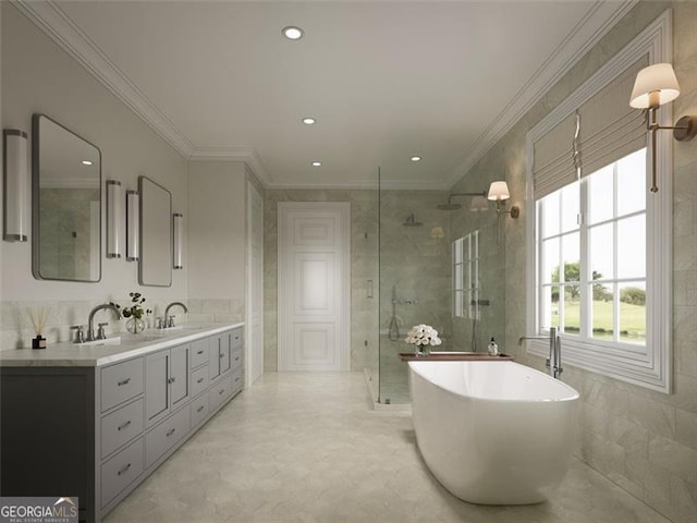 3296 Creek, Powder Springs, GA 30127 - full bathroom featuring tile walls, a shower stall, healthy amount of natural light, a soaking tub, and double vanity
