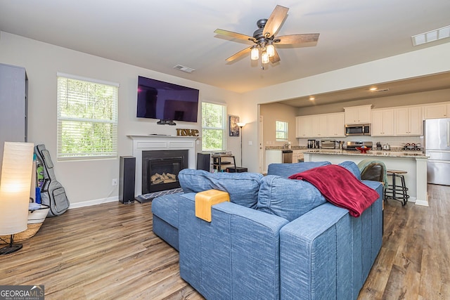 living area with a glass covered fireplace, light wood-style floors, visible vents, and a ceiling fan
