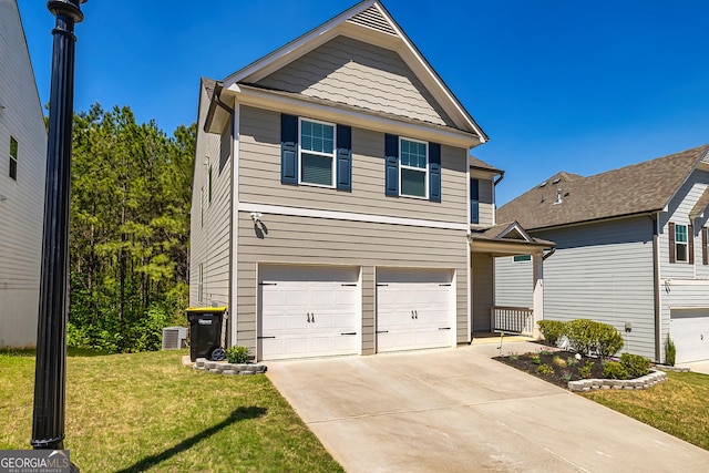 view of front of house featuring central air condition unit, a front lawn, driveway, and a garage